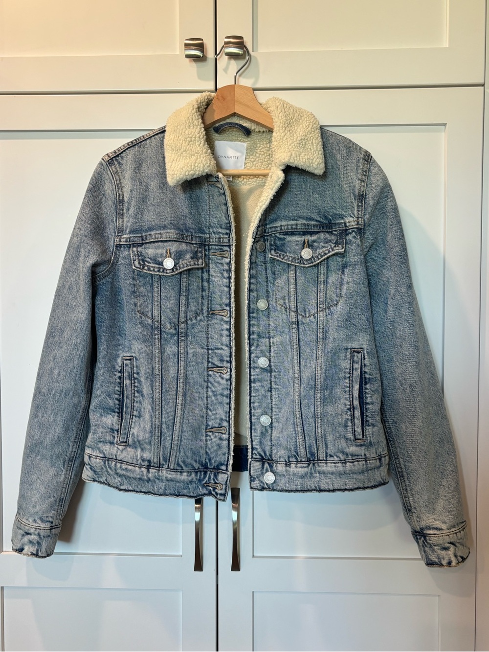 Dynamite Light Blue Denim Sherpa Jacket with Cream Collar